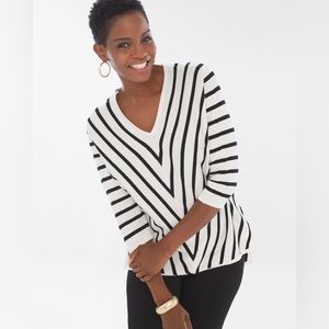 Chico’s Women’s Black and White Striped V-Neck Pullover Size 1 (Med)